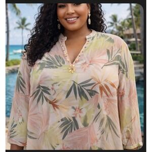 Alfred Dunner Floral Tropical Beaded V-Neck Blouse Pink Green 3/4 Sleeve Size 14